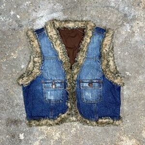 Y2K Denim Fur Trim Cropped Vest